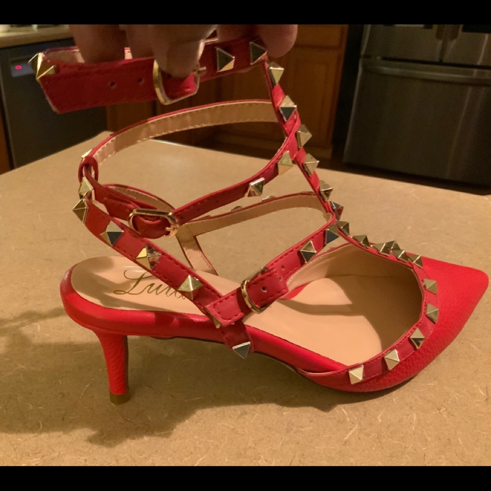 Red Spiked Strapped Heels
